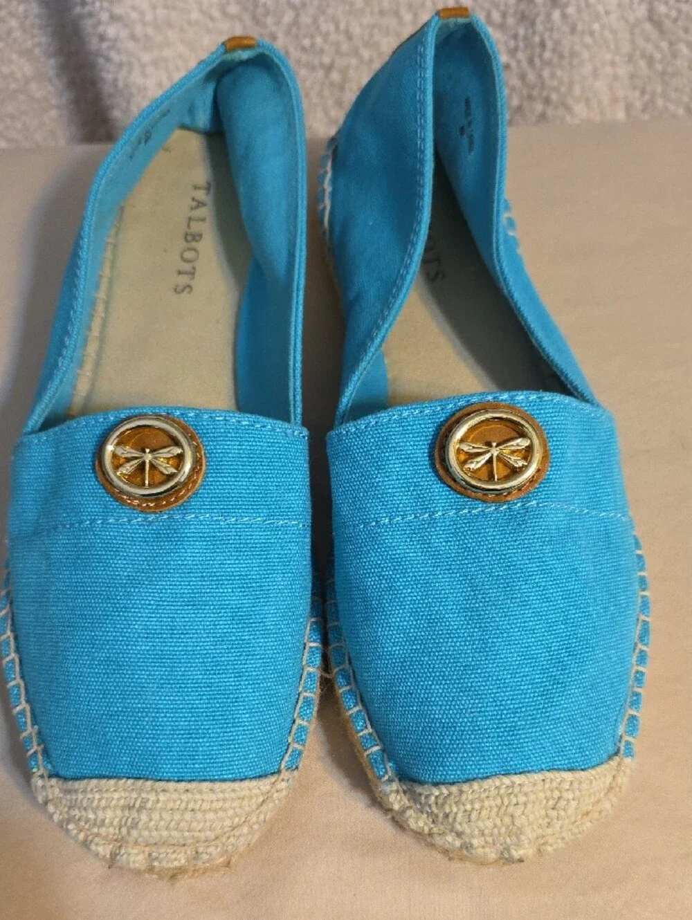 Talbots Turquoise Canvas Espadrilles with Gold Dragonfly Medallion